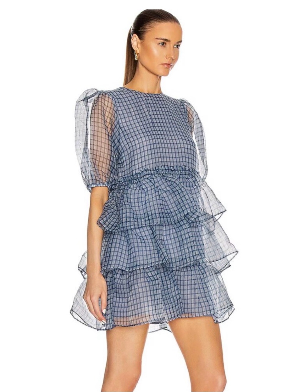 Ganni Blue Checked Layered Puff-Sleeve Mini Dress